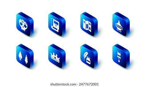 Set History book, Museum guide brochure, Ancient amphorae, Torch flame, Feather and inkwell, King crown, Stone age arrow head and Broken human skull icon. Vector