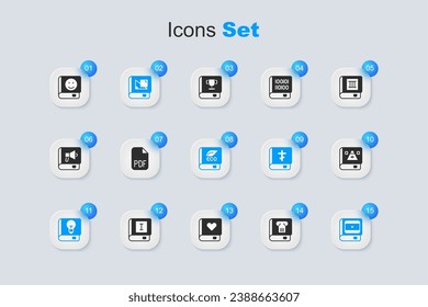 Set History book, PDF file document, Book about geometry, User manual, cinema, Ancient magic,  and ecology icon. Vector