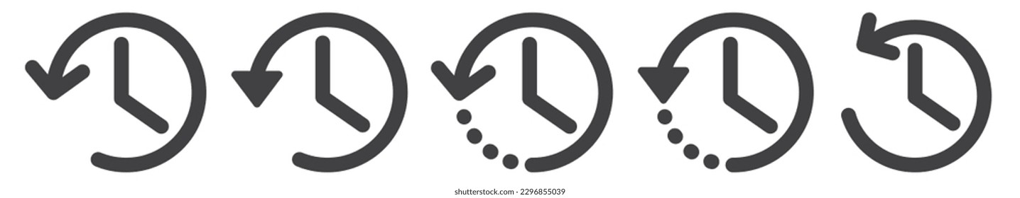 Conjunto de iconos de historial. Colección vectorial de reloj inverso. Pictograma de línea de tiempo reciente o pasada. Devolver el signo de transacción. Temporizador de oficina de cuenta atrás de la línea de tiempo. Icono del historial del último navegador