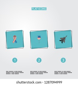 Set of history icons flat style symbols with balloon, american ribbon, fighter plane and other icons for your web mobile app logo design.