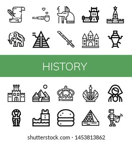 Set of history icons such as Parchment, Mammoth, Pipe of peace, Pyramid, Anubis, Katana, Belem tower, Castle, Kremlin, Samovar, Fortification, Sarcophagus, Pyramids , history