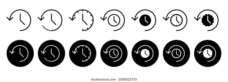 Conjunto de iconos de historia. Tiempo en la colección de icono inversa. signo de historial de eventos recientes. pictograma de línea de tiempo pasado.
