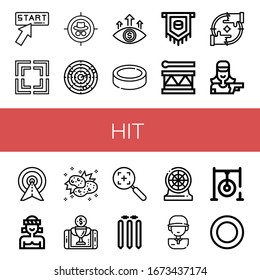 Set of hit icons. Such as Click, Focus, Target, Dart, Puck, Drum, Shooter, Muay thai, Collision, Reward, Cricket stump, Darts, Golf player, Darts target , hit icons
