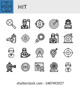 Set of hit icons such as Focus, Target, Golfer, Muay thai, Punching bag, Puck, Golf player, Shooter, Reward, Darts, Baseball player