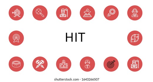 Set of hit icons. Such as Target, Golfer, Whack a mole, Puck, Darts, Reward, Baseball player, Focus , hit icons