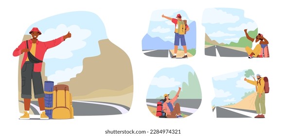 Set Hitchhiker Characters Stand On The Side Of Road With Backpack, Waiting For A Ride. Adventure, Freedom, And Uncertainty Concept For Travel Or Outdoor Activities. Cartoon People Vector Illustration