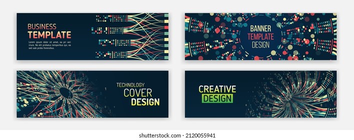 Conjunto de plantillas de banners de alta tecnología para sitios web. Resumen de diseño de portada de medios sociales. Antecedentes web futuristas de grandes datos. Visualización de matrices de datos, bases de datos. Flujo de información, ordenación.