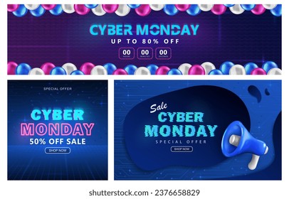 Set von High-Tech-Bannern mit VerkaufsCountdown, glänzenden Ballons, Lautsprechern und Bändern für Cyber Monday Event. Neon-Header, quadratisches Plakat und Widescreen-Bildschirmhintergrund für Online-Shopping-Rabatt