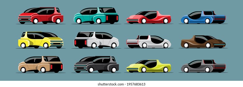 Set of hi-tech cars in modern style, difference colors and design on white background, isolated vector illustration