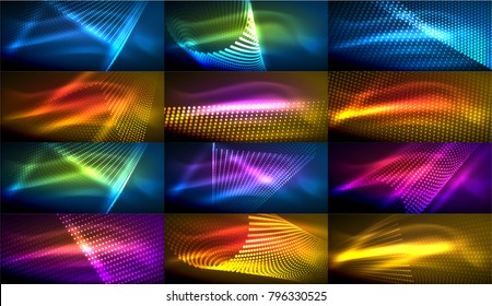 Set of hi-tech futuristic techno backgrounds, neon shapes, waves and lines. Technology connection, big data, dotted structure