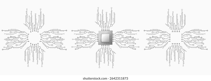Set of hi-tech microchips connected to a futuristic circuit network on white background. Technology, computing and electronics elements. Futuristic semiconductors. Vector illustration.