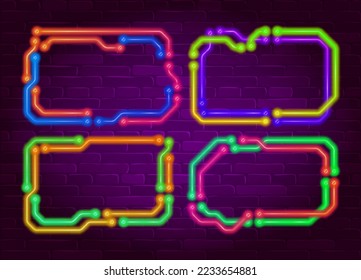 Set of hi-tech neon frames. Collection of neon borders. Abstract background in vibrant colors with copy space. Stock vector futuristic design elements.