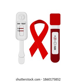 Set of HIV and AIDS tests, blood test and red ribbon, color isolated vector illustration in flat style on a white background, banner, poster, training material, textbook, clipart, information