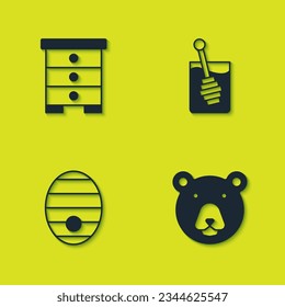 Set Hive for bees, Bear head,  and Honey dipper stick icon. Vector