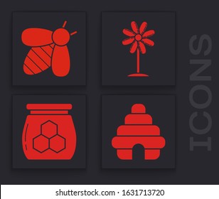Set Hive for bees, Bee, Flower and Jar of honey icon. Vector
