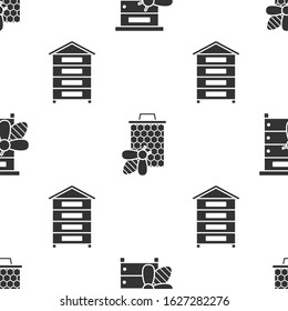 Set Hive for bees, Bee and honeycomb and Hive for bees on seamless pattern. Vector