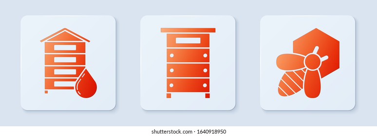Set Hive for bees, Hive for bees and Bee and honeycomb. White square button. Vector