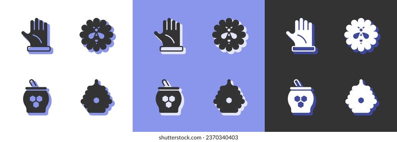 Set Hive for bees, Beekeeper glove, Jar of honey and dipper stick and flower icon. Vector