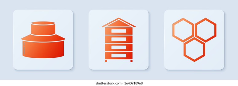 Set Hive for bees, Beekeeper with protect hat and Honeycomb. White square button. Vector