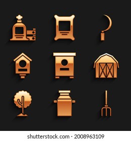 Set Hive for bees, Can container milk, Garden pitchfork, Farm house, Tree, Bird, Sickle and Full sack and wooden box icon. Vector