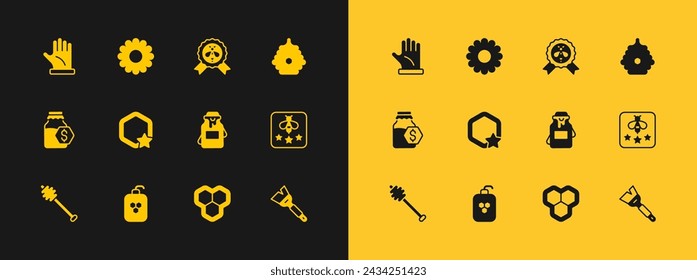 Set Hive for bees, Cosmetic tube with honey, Jar of, Honeycomb, Best, Beekeeper glove and Flower icon. Vector