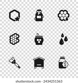 Set Hive for bees, Drops of honey, Sale in jar, Jar and dipper stick, Honeycomb,  and  icon. Vector