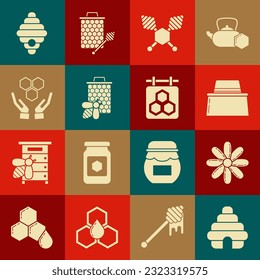 Coloca Hive para abejas, flores, apicultores con sombrero protector, bastón de cuentagotas y manitas de abeja, manos de peine de abeja e icono del signo colgante. Vector