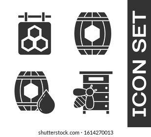 Set Hive for bees, Hanging sign with honeycomb, Wooden barrel with honey and Wooden barrel with honey icon. Vector