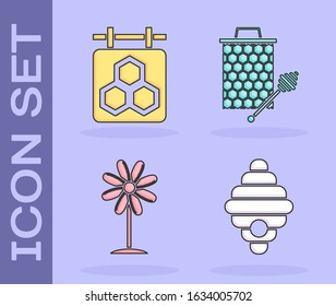 Set Hive for bees, Hanging sign with honeycomb, Flower and Honeycomb with honey dipper stickicon icon. Vector