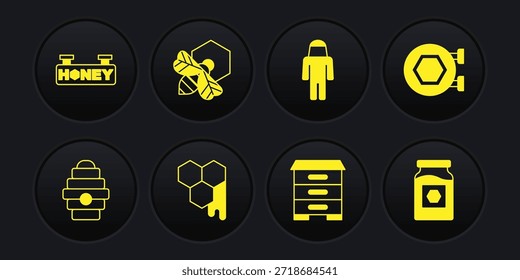 Set Hive for bees, Hanging sign with honeycomb, Honeycomb, Beekeeper protect hat, and, Jar of and  icon. Vector