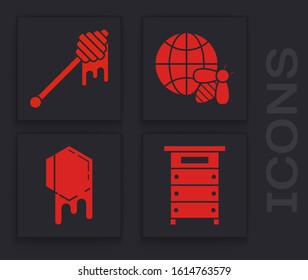 Set Hive for bees, Honey dipper stick with dripping honey, Honeycomb map of the world and bee and Honeycomb icon. Vector