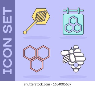 Set Hive for bees, Honey dipper stick, Honeycomb and Hanging sign with honeycomb icon. Vector