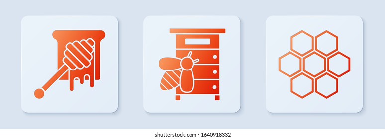 Set Hive for bees, Honey dipper stick with dripping honey and Honeycomb. White square button. Vector
