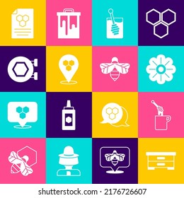 Set Hive for bees, Honey dipper stick with honey, Flower, Honeycomb location, Hanging sign honeycomb,  and Bee icon. Vector
