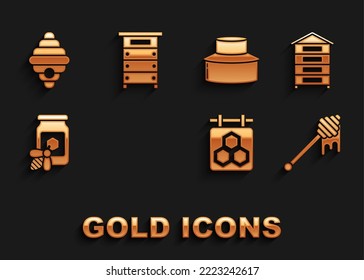 Set Hive for bees, Honey dipper stick with dripping honey, Hanging sign honeycomb, Jar of, Beekeeper protect hat,  and  icon. Vector