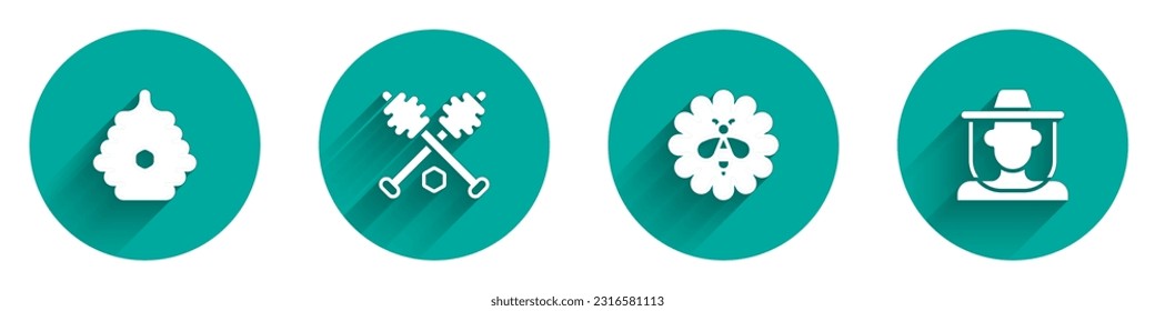 Set Hive for bees, Honey dipper stick, Bee flower and Beekeeper with protect hat icon with long shadow. Vector