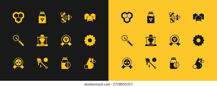 Colmena para las abejas, palo del cucharón de la miel, premio, venta en tarro de miel, apicultor con el sombrero de la protección, abejas, panal e icono del tarro. Vector