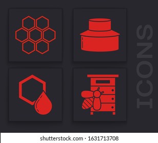 Set Hive for bees, Honeycomb, Beekeeper with protect hat . Vector