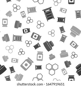 Set Hive for bees, Honeycomb, Beekeeper with protect hat and Jar of honey on seamless pattern. Vector