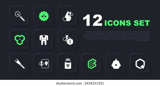 Set Hive for bees, Honeycomb, Beekeeper costume, location, flower and Jar of honey icon. Vector