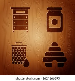 Set Hive for bees, Hive for bees, Honeycomb and Jar of honey on wooden background. Vector