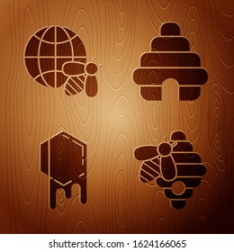 Set Hive for bees, Honeycomb map of the world and bee, Honeycomb and Hive for bees on wooden background. Vector