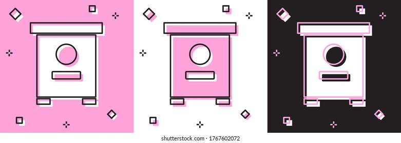 Establece el icono de Hive para abejas aisladas en fondo rosa y blanco, negro. Símbolo de colmena. Apiario y apicultura. Buena comida natural. Vector