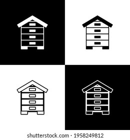 Set Hive für Bienen Symbol einzeln auf schwarz-weißem Hintergrund. Bienensymbol. Imkerei und Imkerei. Süßes natürliches Essen. Vektorgrafik