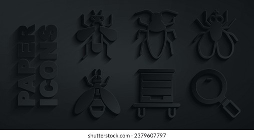 Set Hive for bees, Insect fly, Bee, Magnifying glass, Cockroach and  icon. Vector