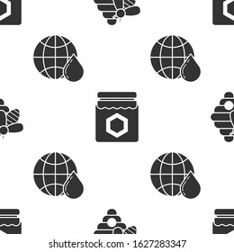 Set Hive for bees, Jar of honey and Honeycomb map of the world on seamless pattern. Vector