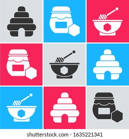 Set Hive for bees, Jar of honey and Honey dipper stick and bowl icon. Vector