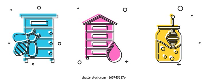 Set Hive for bees, Hive for bees and Jar of honey and honey dipper stick icon. Vector
