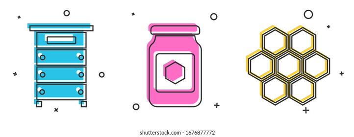 Set Hive for bees, Jar of honey and Honeycomb icon. Vector
