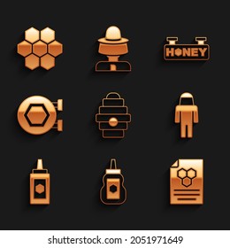 Set Hive for bees, Jar of honey, Honeycomb, Beekeeper with protect hat, Hanging sign honeycomb,  and  icon. Vector